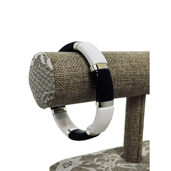 Black, White And Silver Tone Stretch Bracelet (5382) - Picture 2 of 4